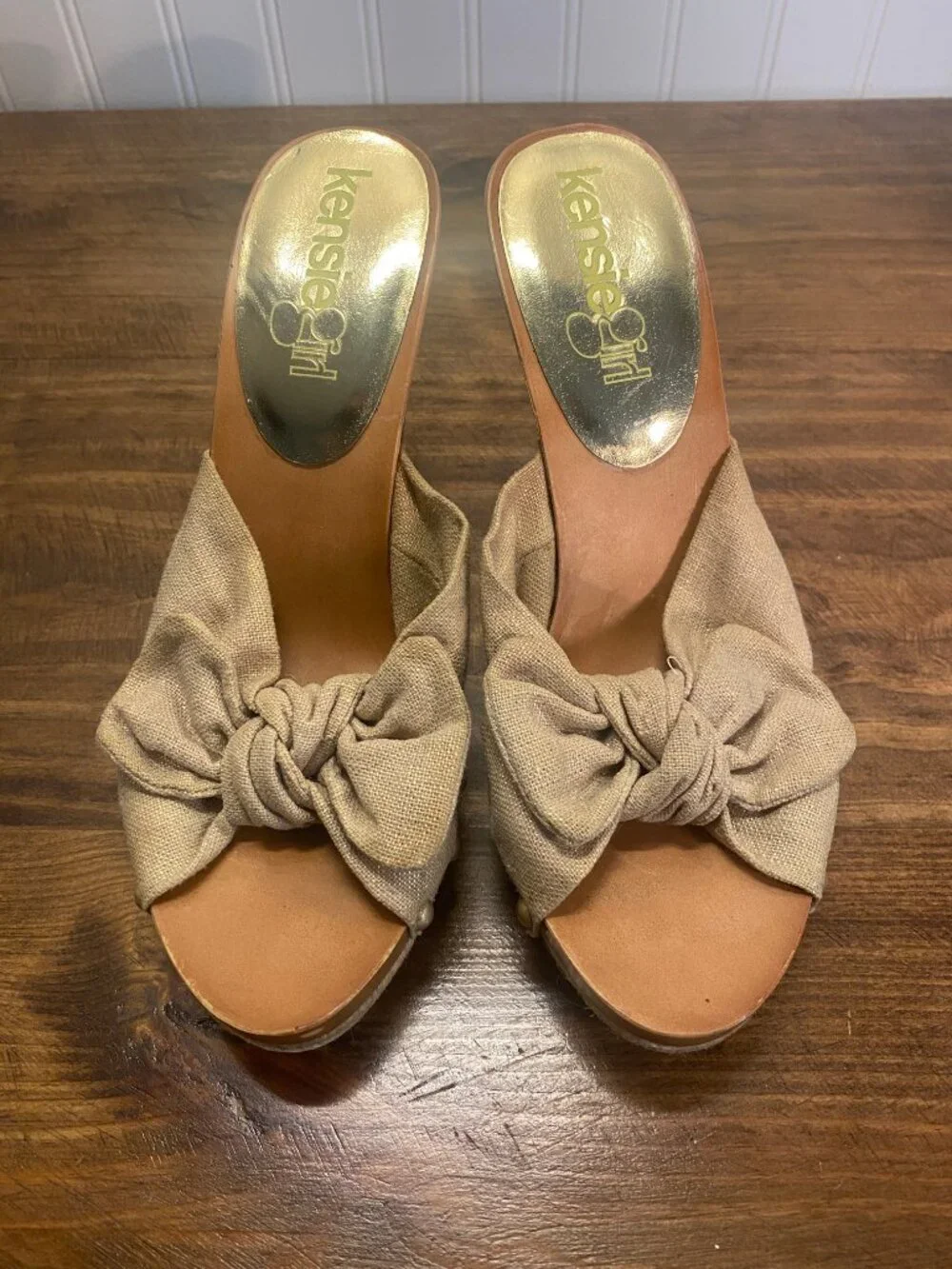 Kensie Girl - Jett Bow Platform Mule Heeled Sandals - Tan/Gold Flecked - 8.5 - Picture 2 of 12